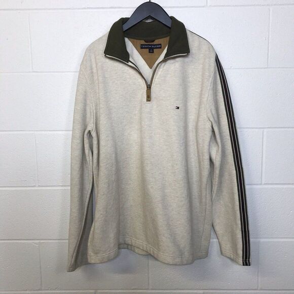 TOMMY HILFIGER Men's Cream 1/4 ZIp Long Sleeve Collared Pullover Flag Logo Sz L - Picture 1 of 8